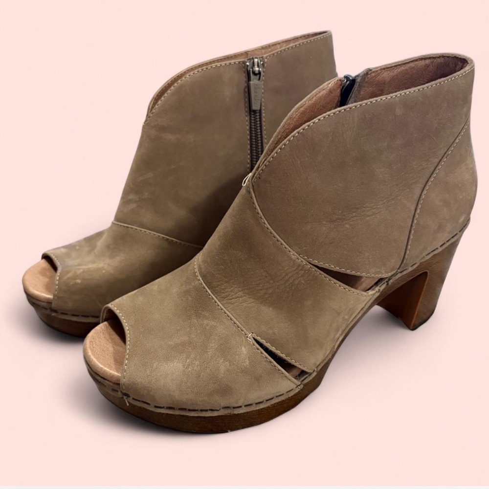 Dansko Taupe Leather Peep-Toe Heeled Booties | Size 38